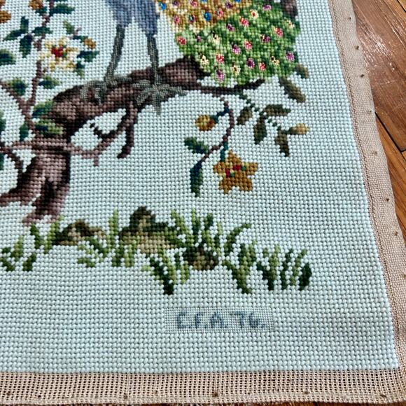 Vintage Needlepoint Peacock Wall Art with Birds, Butterflies & Botanicals - Picture 8 of 11